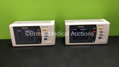 2 x Philips Intellivue X2 Handheld Patient Monitor SW Rev K.21.42 - K.21.58 Including ECG, SpO2, NBP, Temp and Press Options with 2 x Philips M4607A Batteries *Mfd 07-2009, 07-2009* (Both Power Up) *SN DE83629253 - DE83629305*