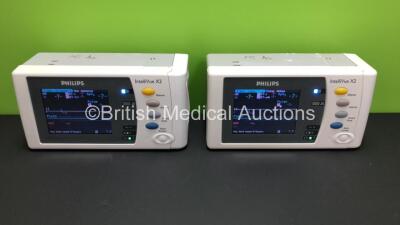 2 x Philips IntelliVue X2 Handheld Patient Monitors S/W Rev K.21.42 / K.21.42 with Press/Temp, NBP, SpO2 and ECG/Resp Options with 2 x Batteries (Both Power Up) *Mfd 2011 - 2011* *SN-DE03776863 - DE0777162*