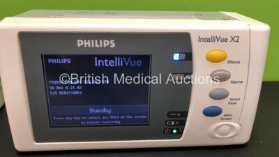 2 x Philips IntelliVue X2 Handheld Patient Monitors S/W Rev K.21.42 / K.21.42 with Press/Temp, NBP, SpO2 and ECG/Resp Options with 2 x Batteries (Both Power Up) *Mfd 2011 - 2011* *SN-DE03776851 - DE03776835* - 2