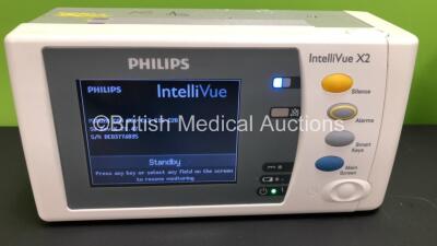 2 x Philips IntelliVue X2 Handheld Patient Monitors S/W Rev K.21.42 / K.21.42 with Press/Temp, NBP, SpO2 and ECG/Resp Options with 2 x Batteries (Both Power Up) *Mfd 2011 - 2011* *SN-DE03776851 - DE03776835* - 3