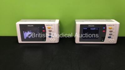 2 x Philips Intellivue X2 Handheld Patient Monitor SW Rev K.21.42 Including ECG, SpO2, NBP, Temp and Press Options with 2 x Philips M4607A Batteries *Mfd08-2011, 08-2009 * (Both Power Up with Cracked Screens when Tested with Stock Batteries, Batteries Inc