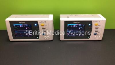 2 x Philips IntelliVue X2 Handheld Patient Monitors S/W Rev K.21.42 / K.21.42 with Press/Temp, NBP, SpO2 and ECG/Resp Options with 2 x Batteries (Both Power Up) *Mfd 2011 - 2010* *SN-DE95043071 - DE03777176*