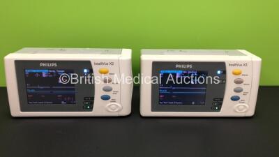 2 x Philips IntelliVue X2 Handheld Patient Monitors S/W Rev K.21.42 / K.21.42 with Press/Temp, NBP, SpO2 and ECG/Resp Options with 2 x Batteries (Both Power Up) *Mfd 2011 - 2011* *SN-DE03776836 - DE03777165*