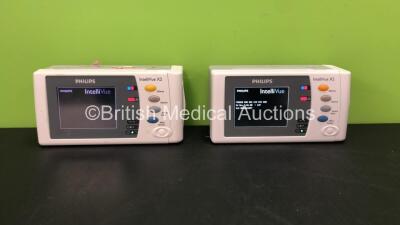 2 x Philips IntelliVue X2 Handheld Patient Monitors Software Version H.03.14 - M.04.00 Including ECG, SpO2, NBP, Temp and Press Options with 2 x Philips M4607A Batteries *Mfd 07-2010, 08-2018* (Both Power Up When Tested with Stock Batteries-Batteries Incl