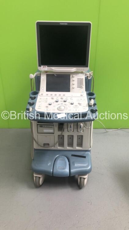 Toshiba Aplio XG Flat SSA-790A Screen Ultrasound Scanner *S/N 99K1146315* **Mfd 04/2011** with 2 x Transducers / Probes (PLT-1202S *Mfd 02/2012* and PLT-1204BT *Mfd 01/2015*) and Sony UP-D897 Digital Graphic Printer (Draws Power - HDD Wiped By Vendor - Ma