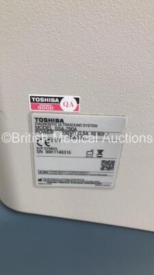 Toshiba Aplio XG Flat SSA-790A Screen Ultrasound Scanner *S/N 99K1146315* **Mfd 04/2011** with 2 x Transducers / Probes (PLT-1202S *Mfd 02/2012* and PLT-1204BT *Mfd 01/2015*) and Sony UP-D897 Digital Graphic Printer (Draws Power - HDD Wiped By Vendor - Ma - 10