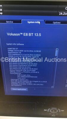 GE Voluson E8 Expert Flat Screen Ultrasound Scanner *S/N D22869* **Mfd 09/2014** Software Version 14.0.6.1639 BT Version 13.5 with 3 x Transducers / Probes (RIC5-9-D Ref H48651MS *Mfd 01/2014* / C1-5-D Ref 5261135 *Mfd 06/2016* and C4-8-D Ref 5336340 *Mfd - 14