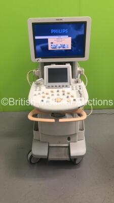 Philips iU22 Flat Screen Ultrasound Scanner Ref 8500-0064-02 on G.1 Cart *S/N B0G11Q* **Mfd 2013** Software Version 6.3.7.745 with 2 x Transducers / Probes (L9-3 and C5-1) and Sony UP-D897 Digital Graphic Printer (Powers Up - Damage to Trims and Panels -