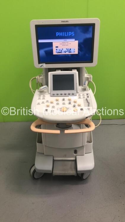 Philips iU22 Flat Screen Ultrasound Scanner Ref 8500-0064-02 on G.1 Cart *S/N B0G11Q* **Mfd 2013** Software Version 6.3.7.745 with 2 x Transducers / Probes (L9-3 and C5-1) and Sony UP-D897 Digital Graphic Printer (Powers Up - Damage to Trims and Panels -