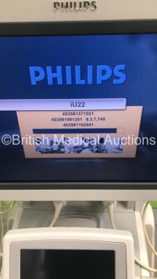 Philips iU22 Flat Screen Ultrasound Scanner Ref 8500-0064-02 on G.1 Cart *S/N B0G11Q* **Mfd 2013** Software Version 6.3.7.745 with 2 x Transducers / Probes (L9-3 and C5-1) and Sony UP-D897 Digital Graphic Printer (Powers Up - Damage to Trims and Panels - - 2