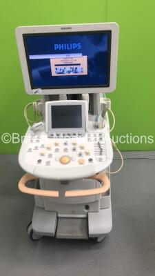 Philips iU22 Flat Screen Ultrasound Scanner Ref 8500-0064-02 on G.1 Cart *S/N B0G11Q* **Mfd 2013** Software Version 6.3.7.745 with 2 x Transducers / Probes (L9-3 and C5-1) and Sony UP-D897 Digital Graphic Printer (Powers Up - Damage to Trims and Panels - - 3