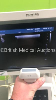 Philips iU22 Flat Screen Ultrasound Scanner Ref 8500-0064-02 on G.1 Cart *S/N B0G11Q* **Mfd 2013** Software Version 6.3.7.745 with 2 x Transducers / Probes (L9-3 and C5-1) and Sony UP-D897 Digital Graphic Printer (Powers Up - Damage to Trims and Panels - - 8