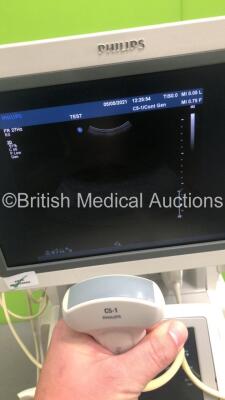 Philips iU22 Flat Screen Ultrasound Scanner Ref 8500-0064-02 on G.1 Cart *S/N B0G11Q* **Mfd 2013** Software Version 6.3.7.745 with 2 x Transducers / Probes (L9-3 and C5-1) and Sony UP-D897 Digital Graphic Printer (Powers Up - Damage to Trims and Panels - - 9