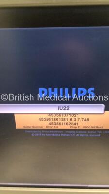 Philips iU22 Flat Screen Ultrasound Scanner Ref 8500-0064-02 on G.1 Cart *S/N B0G11Q* **Mfd 2013** Software Version 6.3.7.745 with 2 x Transducers / Probes (L9-3 and C5-1) and Sony UP-D897 Digital Graphic Printer (Powers Up - Damage to Trims and Panels - - 13