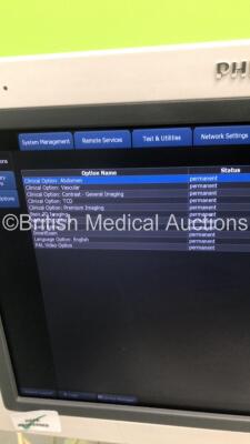 Philips iU22 Flat Screen Ultrasound Scanner Ref 8500-0064-02 on G.1 Cart *S/N B0G11Q* **Mfd 2013** Software Version 6.3.7.745 with 2 x Transducers / Probes (L9-3 and C5-1) and Sony UP-D897 Digital Graphic Printer (Powers Up - Damage to Trims and Panels - - 15