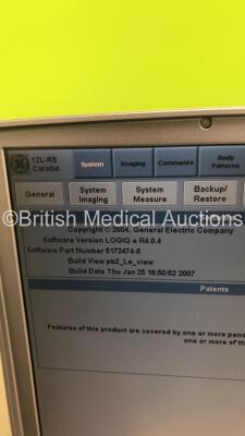 GE Logiq e Portable Ultrasound Scanner Ref 5148751 *S/N 57454WX1* **Mfd 04/2007** Software Version R4.0.4 with 2 x Transducers / Probes (4C-RS Ref 5125386 *Mfd 07/2016* and 12L-RS Ref 5141337 *Mfd 01/2013* on Voluson Dock Cart (Powers Up - Docking Cart No - 6