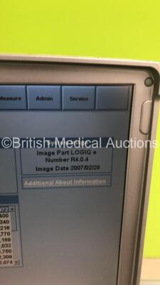 GE Logiq e Portable Ultrasound Scanner Ref 5148751 *S/N 57454WX1* **Mfd 04/2007** Software Version R4.0.4 with 2 x Transducers / Probes (4C-RS Ref 5125386 *Mfd 07/2016* and 12L-RS Ref 5141337 *Mfd 01/2013* on Voluson Dock Cart (Powers Up - Docking Cart No - 7