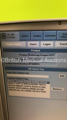 GE Logiq e Portable Ultrasound Scanner Ref 5148751 *S/N 57454WX1* **Mfd 04/2007** Software Version R4.0.4 with 2 x Transducers / Probes (4C-RS Ref 5125386 *Mfd 07/2016* and 12L-RS Ref 5141337 *Mfd 01/2013* on Voluson Dock Cart (Powers Up - Docking Cart No - 10