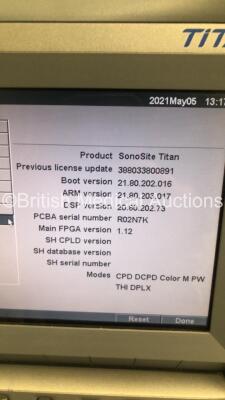 SonoSite Titan Portable Ultrasound Scanner Ref P04541-02 *S/N 033YHM* **Mfd 02/2005** Boot Version 21.80.202.016 ARM Version 21.80.203.017 with 3 x Transducers / Probes (C8/8-5MHz Ref P03363-02 *Mfd 08/2007* / C60/5-2 MHz Ref P04969-01 *Mfd 02/2005* and L - 12