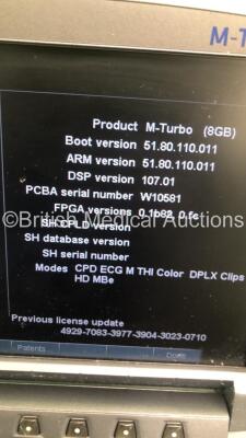 SonoSite M-Turbo Ultrasound System Ref P08189-82 *S/N WK1Y2G* **Mfd 09/2013** Boot Version 51.80.110.011 ARM Version 51.80.110.011 with 2 x Transducers / Probes (SLAx/13-6MHz Ref P07699-11 *Mfd 09/2013* and HFL38x/13-6MHz Ref P07682-30 *Mfd 12/2013*) on S - 7