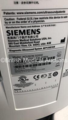 Siemens Acuson S2000 HELX Evolution Flat Screen Ultrasound Scanner Model No 10041461 *S/N 210333* **Mfd 03/2014** with 3 x Transducers / Probes (18L6 HD Model No 10041227 *Mfd 2014* / 6C1 HD Model No 10135941 *Mfd 09/2016* and 9L4 Model No 10035946 *Mfd 2 - 13