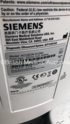 Siemens Acuson S1000 HELX Evolution Flat Screen Ultrasound Scanner Model No 10441701 *S/N 212109* **Mfd 10/2015** Product Version VE10C Software Version 500.1.074 with 2 x Transducers / Probes (10V4 Model No 08266709 *Mfd 2015* and 15L5 SP Model No 100412 - 22