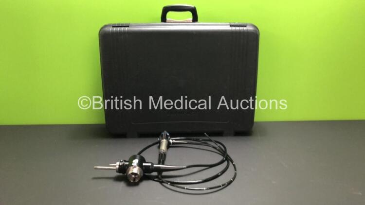 Olympus BF-P200 Video Bronchoscope in Case - Engineer's Report : Optical System - No Fault Found, Angulation - Down Angulation Inoperative, Insertion Tube - Badly Kinked, Light Transmission - No Fault Found, Channels - No Fault Found, Leak Check - Leak Ev
