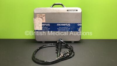 Olympus JF-1T20 Duodenoscope in Case - Engineer's Report : Optical System - 1 Broken Fiber and Fluid Stain Present, Insertion Tube - Badly Kinked, Light Transmission - No Fault Found, Channels - No Fault Found, Leak Check - No Fault Found (Raiser Control 