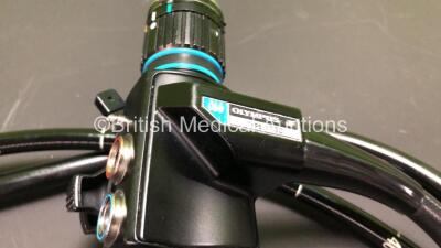 Olympus JF-1T20 Duodenoscope in Case - Engineer's Report : Optical System - 1 Broken Fiber and Fluid Stain Present, Insertion Tube - Badly Kinked, Light Transmission - No Fault Found, Channels - No Fault Found, Leak Check - No Fault Found (Raiser Control - 3