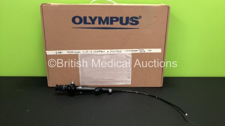 Olympus CYF-5 Cystoscope in Case - Engineer's Report : Optical System - Excessive Broken Fibers and Focus Fault, Angulation - Not Reaching Specification, Insertion Tube - No Fault Found, Channels - No Fault Found, Leak Check - Excessive Leak at Eyepiece *