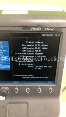 SonoSite S-Nerve Ultrasound Scanner Ref P09417-15 *S/N 03FN3L* **Mfd 03/2009** Boot Version 52.80.110.005 ARM Version 52.80.110.005 with 1 x Transducer / Probe (HFL38x/ 13-6MHz) on SonoSIte V-Universal Stand (Powers Up - Error Displayed When Probe Attache - 6