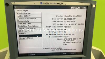 SonoSite Micromaxx Portable Ultrasound Scanner Ref P08840-03 Boot Version 30.80.306.030 ARM Version 30.80.306.030 with 3 x Transducers/Probes (1 x HFL38/13-6 * Mfd Feb 2008 *,1 x P17/5-1 * Mfd Jan 2008 * and 1 x C60e/5-2 * Mfd Sept 2010*) and Sony Video G - 7