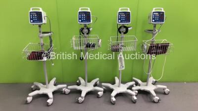 4 x Criticare Comfort Cuff Patient Monitors on Stands with 3 x BP Hoses,4 x BP Cuffs and 1 x SpO2 Finger Sensor (All Power Up)