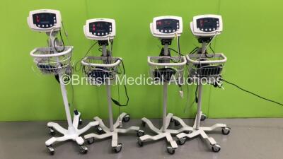 4 x Welch Allyn 53N00 Patient Monitors on Stands with 4 x BP Hoses,4 x BP Cuffs and 4 x SpO2 Finger Sensors (All Power Up)