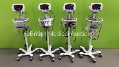 4 x Welch Allyn 53N00 Patient Monitors on Stands with 4 x BP Hoses,4 x BP Cuffs and 4 x SpO2 Finger Sensors (All Power Up)