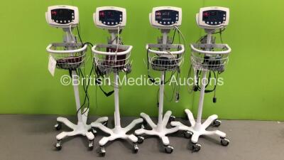 4 x Welch Allyn 53N00 Patient Monitors on Stands with 4 x BP Hoses,4 x BP Cuffs and 4 x SpO2 Finger Sensors (All Power Up)