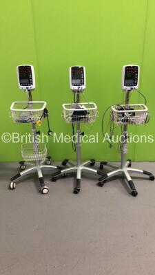 3 x Mindray VS-800 Patient Monitors on Stands with 3 x SpO2 Finger Sensors,2 x BP Hoses and 3 x BP Cuffs (All Power Up)