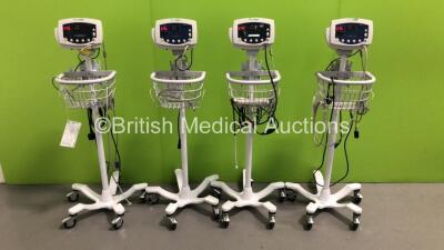 4 x Welch Allyn 53N00 Patient Monitors on Stands with 4 x BP Hoses,3 x SpO2 Finger Sensors and 1 x BP Cuff (All Power Up)