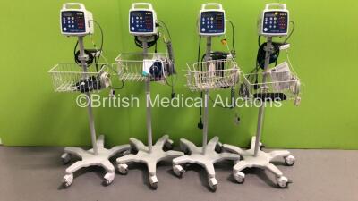 4 x Criticare Comfort Cuff Patient Monitors on Stands with 4 x BP Hoses,4 x BP Cuffs and 4 x SpO2 Finger Sensors (All Power Up)