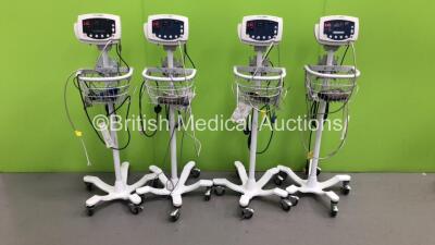 4 x Welch Allyn 53N00 Patient Monitors on Stands with 4 x BP Hoses,4 x BP Cuffs and 4 x SpO2 Finger Sensors (All Power Up)