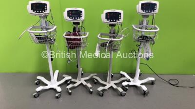 4 x Welch Allyn 53N00 Patient Monitors on Stands with 4 x BP Hoses,4 x BP Cuffs and 4 x SpO2 Finger Sensors (All Power Up)