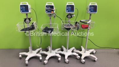 4 x Criticare Comfort Cuff Patient Monitors on Stands with 3 x BP Hoses,4 x BP Cuffs and 3 x SpO2 Finger Sensors (All Power Up)