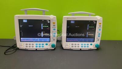 2 x Datex-Ohmeda S/5 FM Patient Monitors with 2 x GE E-PSMP Multiparameter Modules with NIBP, P1 P2, T1 T2, SPO2 and ECG Options and 4 x Batteries (Both Power Up, 1 with Damaged Casing - See Photo)