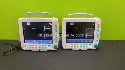 2 x Datex-Ohmeda S/5 FM Patient Monitors with 2 x GE E-PSMP Multiparameter Modules with NIBP, P1 P2, T1 T2, SPO2 and ECG Options and 4 x Batteries (Both Power Up)