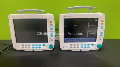 2 x Datex-Ohmeda S/5 FM Patient Monitors with 2 x GE E-PSMP Multiparameter Modules with NIBP, P1 P2, T1 T2, SPO2 and ECG Options and 3 x Batteries (1 x Powers Up, 1 x No Power)