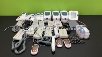 Mixed Lot Including 7 x Huntleigh Fetal Dopplers (All Missing Handpieces), 13 x Tympanic Thermometers (Most Missing Battery Covers), 3 x Roche Coaguchek XS Plus Blood Analyzers with Docking Stations (All Untested Due to No Power Supply), 2 x Rondish Wirel