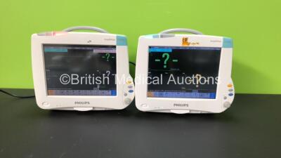 2 x Philips IntelliVue MP50 Patient Monitors *Mfd - 2007* with 2 x Philips M3001A Opt: A01C06 Multiparameter Modules with Press, Temp, NBP, SPO2 and ECG Resp Options (Both Power Up)