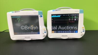 2 x Philips IntelliVue MP50 Patient Monitors *Mfd's - 2011 and 2007* with 2 x Philips M3001A Opt: A01C06 Multiparameter Modules with Press, Temp, NBP, SPO2 and ECG Resp Options (Both Power Up)