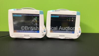 2 x Philips IntelliVue MP50 Patient Monitors *Mfd's - 2008 and 2007* with 2 x Philips M3001A Opt: A01C06 Multiparameter Modules with Press, Temp, NBP, SPO2 and ECG Resp Options (Both Power Up)