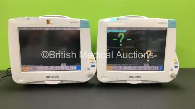 2 x Philips IntelliVue MP50 Patient Monitors *Mfd - 2007* with 2 x Philips M3001A Opt: A01C06 Multiparameter Modules with Press, Temp, NBP, SPO2 and ECG Resp Options (Both Power Up)